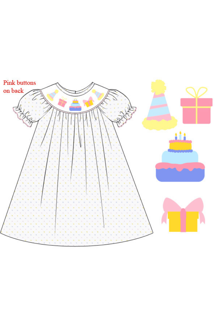 The Smocked Flamingo Apparel & Accessories Pre-Order Smocked Birthday Celebration Pastel Swiss Dot Dress