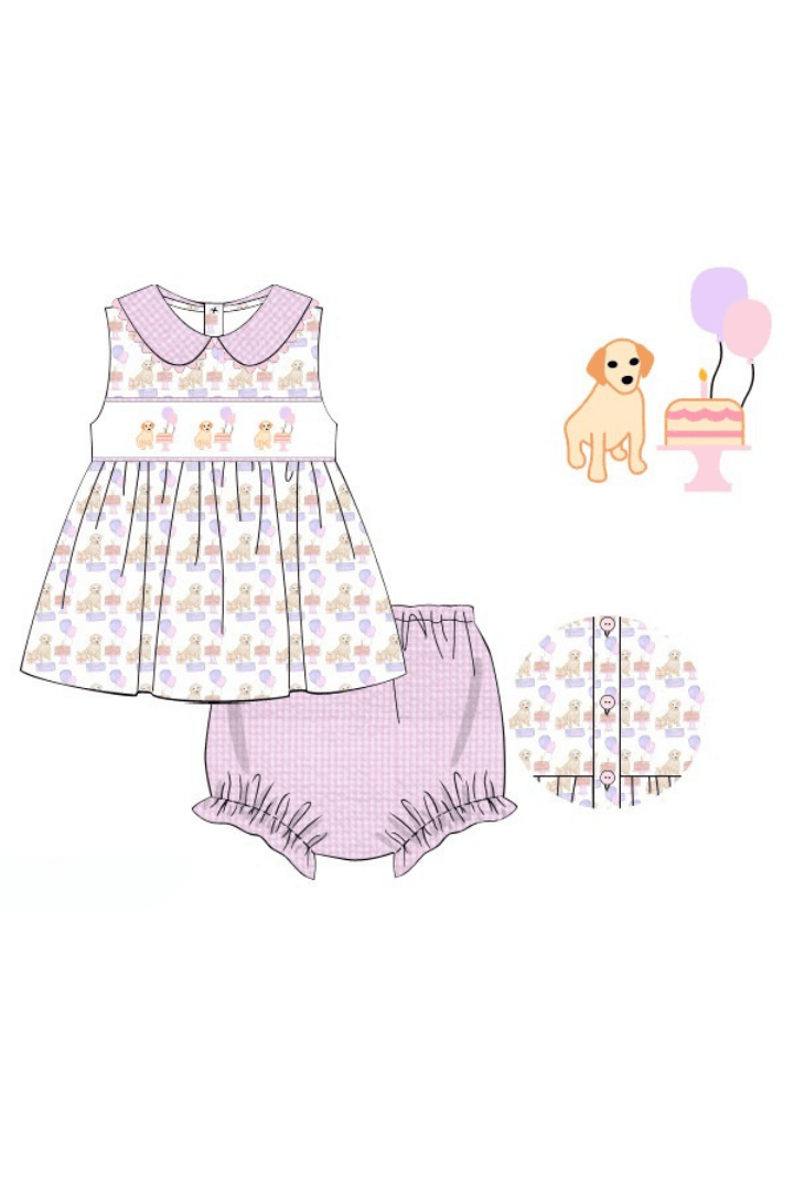 The Smocked Flamingo Apparel & Accessories Pre-Order Smocked Birthday Pawty Pink Bloomer Set