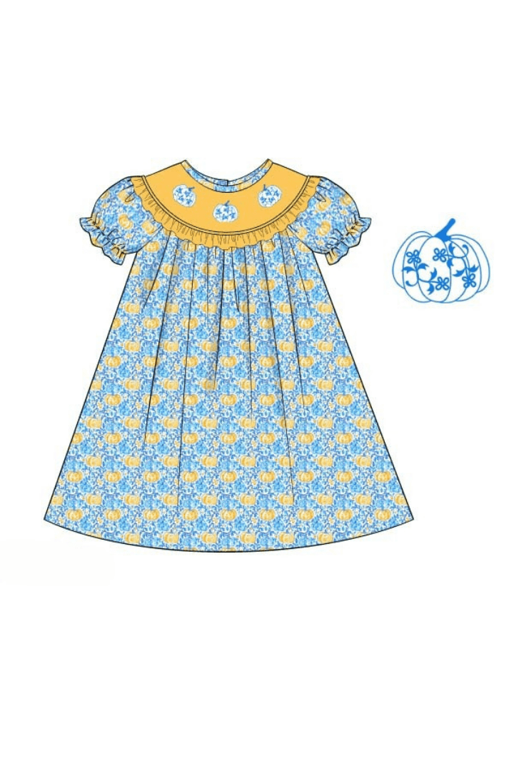 The Smocked Flamingo Apparel & Accessories Pre-Order Smocked Blue Floral Pumpkin Bishop Dress