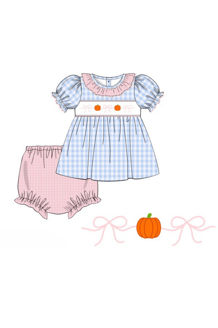 The Smocked Flamingo Apparel & Accessories Pre-Order Smocked Blue Gingham Bow Pumpkin Bloomer Set
