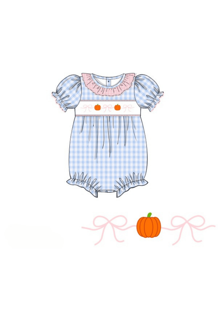 The Smocked Flamingo Apparel & Accessories Pre-Order Smocked Blue Gingham Bow Pumpkin Bubble