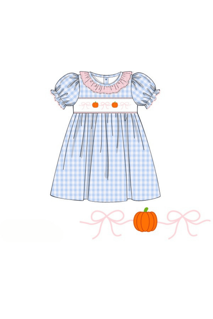 The Smocked Flamingo Apparel & Accessories Pre-Order Smocked Blue Gingham Bow Pumpkin Dress