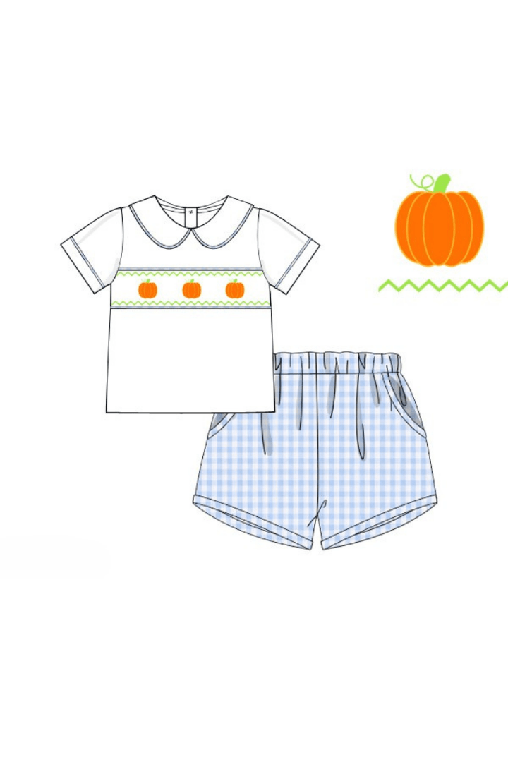 The Smocked Flamingo Apparel & Accessories Pre-Order Smocked Blue Gingham Pumpkin Short Set