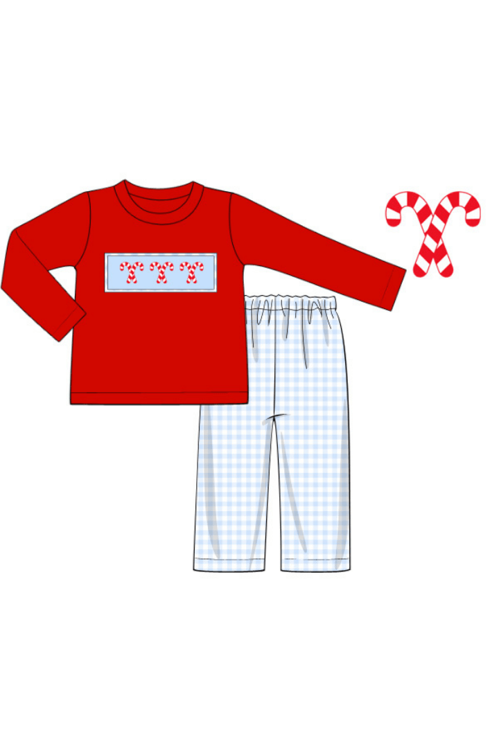 The Smocked Flamingo Apparel & Accessories Pre-Order Smocked Blue Gingham Red Knit Candy Cane Pant Set