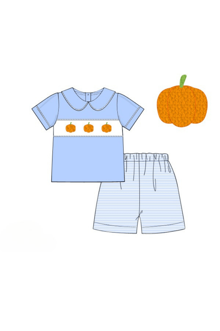 The Smocked Flamingo Apparel & Accessories Pre-Order Smocked Blue Stripe Pumpkin Short Set