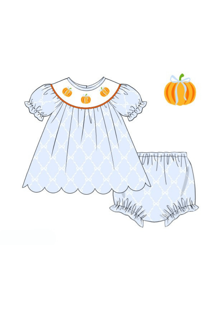 The Smocked Flamingo Apparel & Accessories Pre-Order Smocked Blue Trellis Pumpkin Bloomer Set