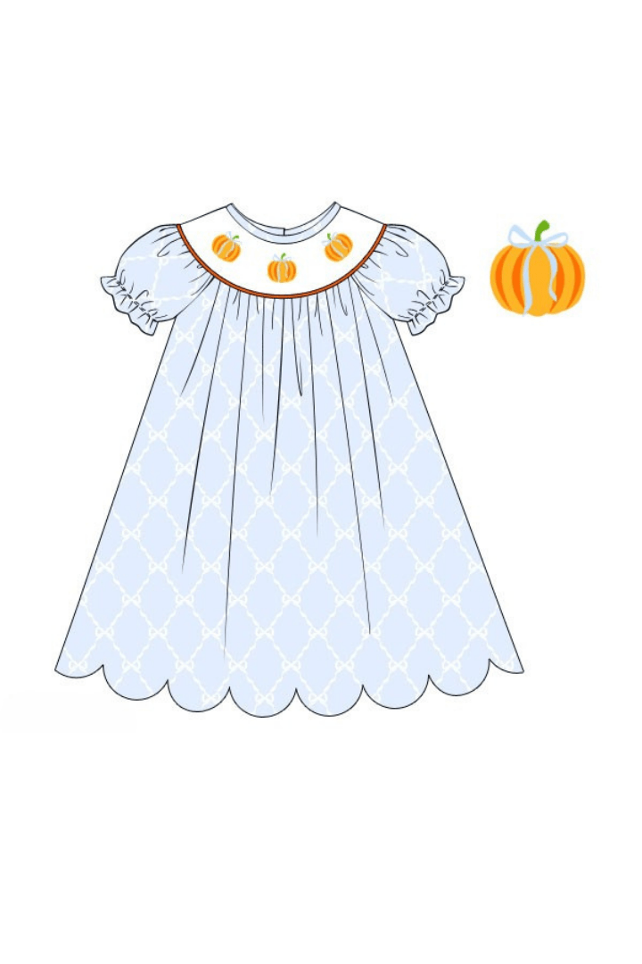 The Smocked Flamingo Apparel & Accessories Pre-Order Smocked Blue Trellis Pumpkin Dress
