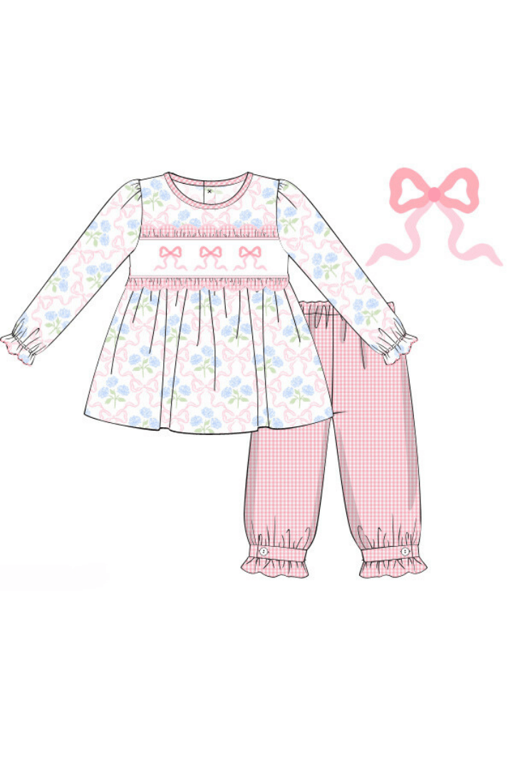 The Smocked Flamingo Apparel & Accessories Pre-Order Smocked Bow Hydrangea Pink Gingham Pant Set