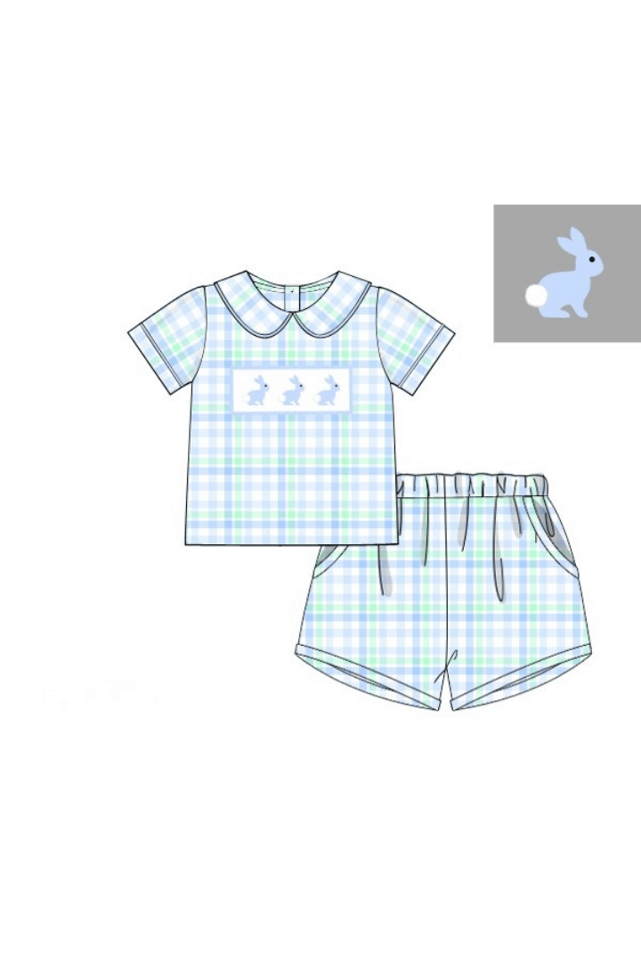 The Smocked Flamingo Apparel & Accessories Pre-Order Smocked Bunny Blue and Green Plaid Short Set