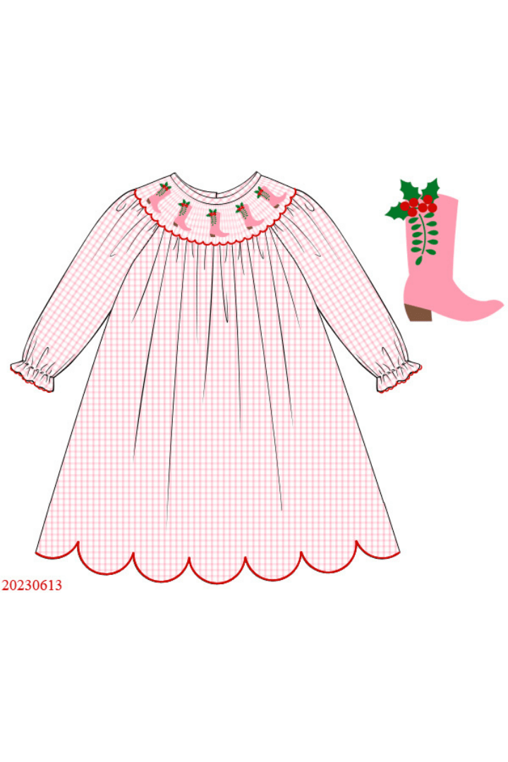 The Smocked Flamingo Apparel & Accessories Pre-Order Smocked Christmas Cowboy Boots Bishop Dress