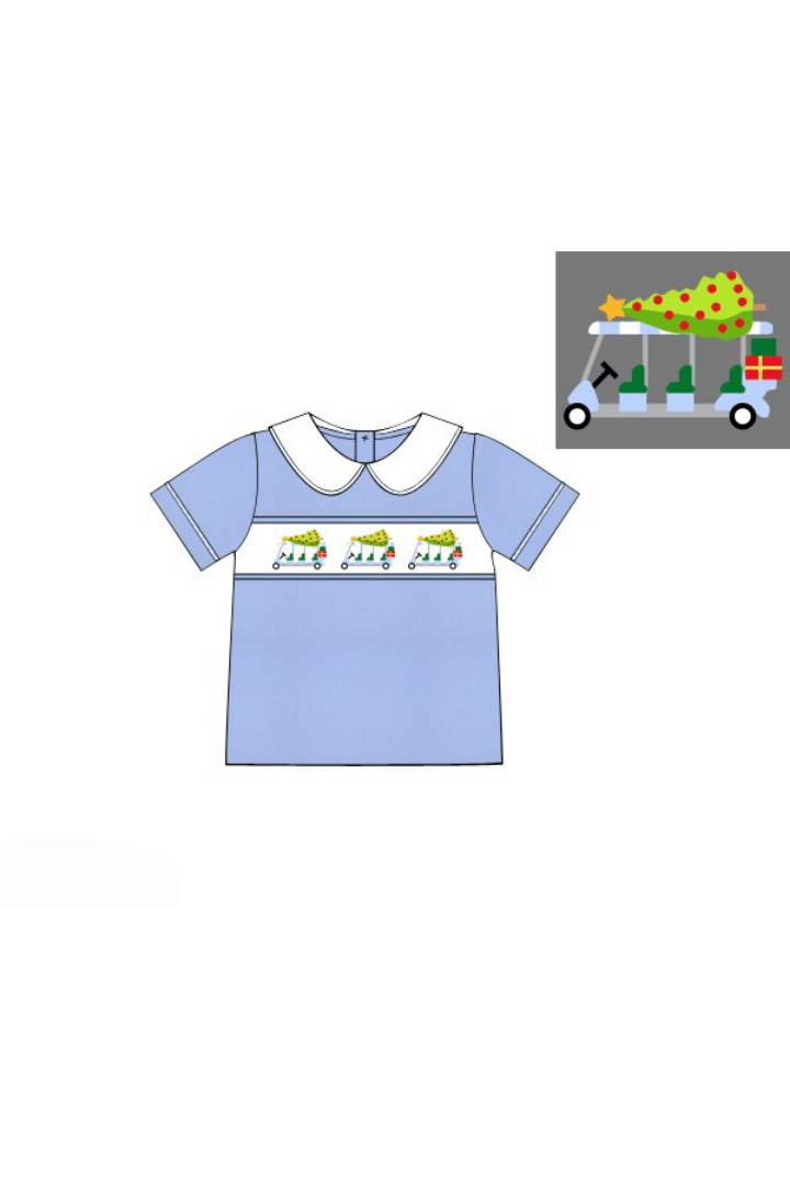 The Smocked Flamingo Apparel & Accessories Pre-Order Smocked Christmas Golf Cart Blue Corduroy Shirt