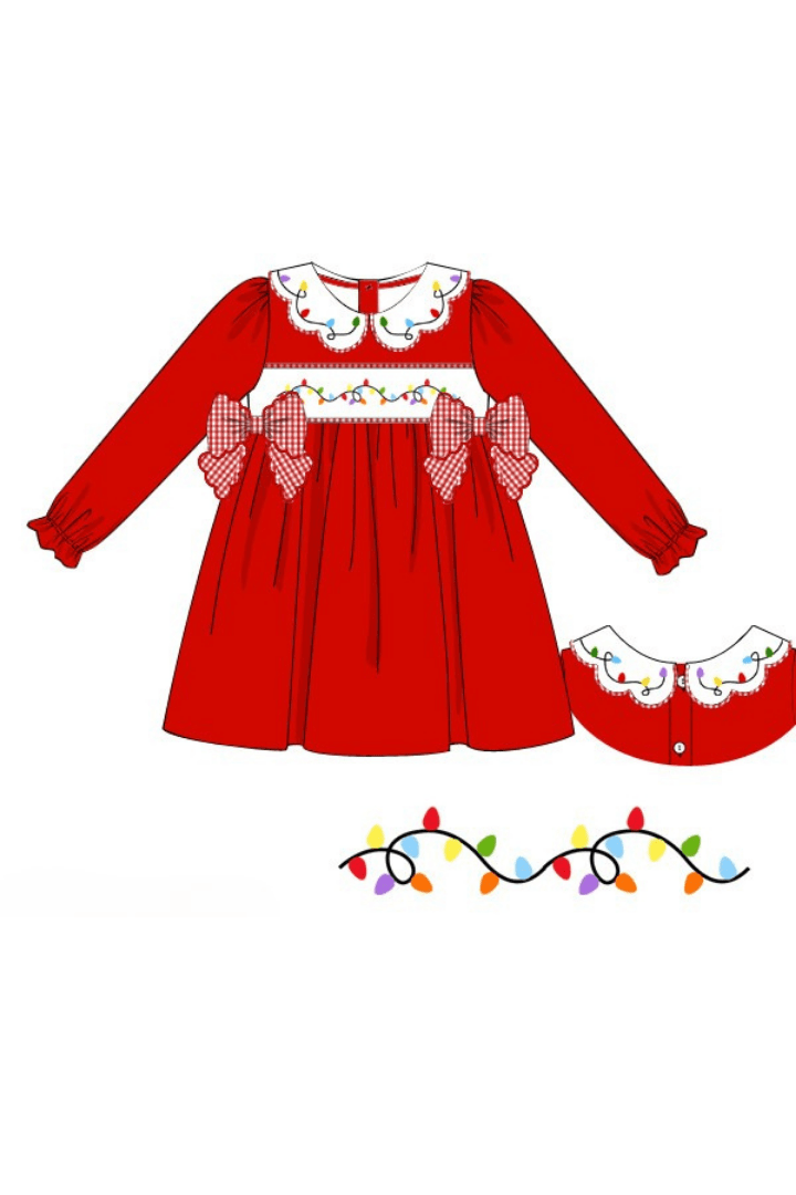 The Smocked Flamingo Apparel & Accessories Pre-Order Smocked Christmas Lights Red Dress
