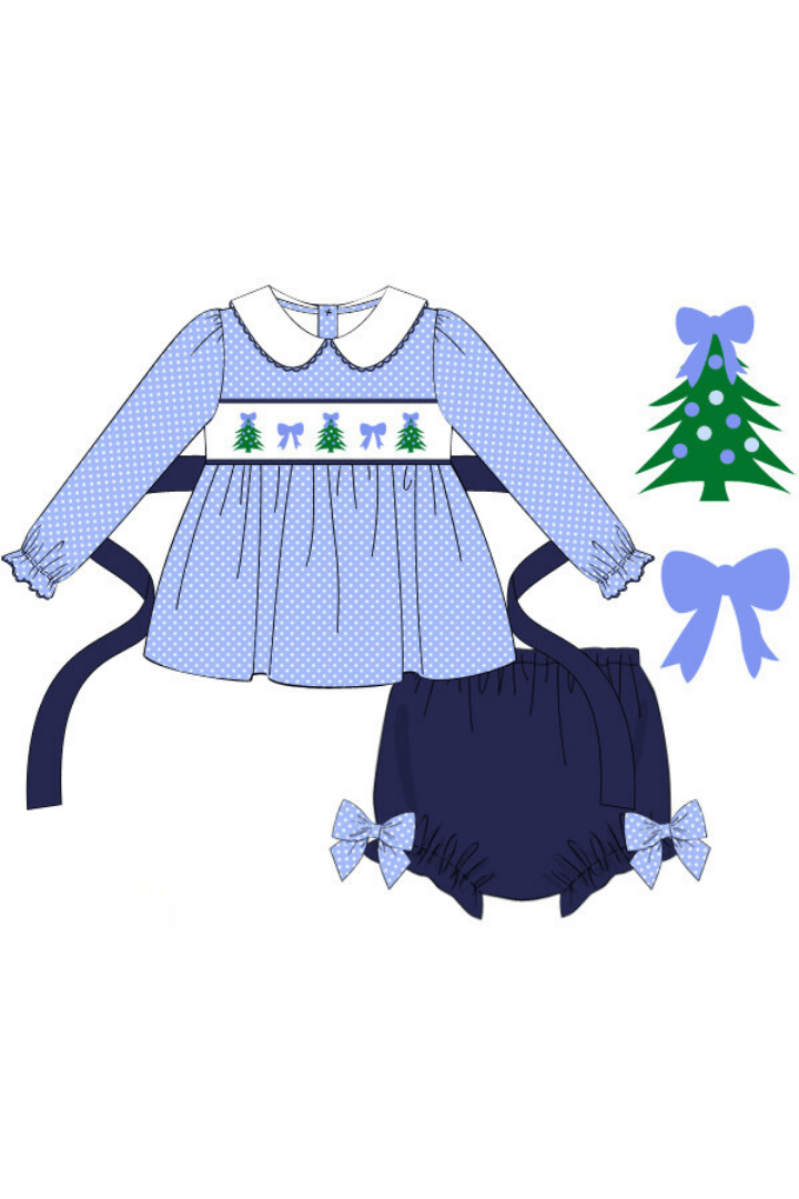 The Smocked Flamingo Apparel & Accessories Pre-Order Smocked Christmas Tree Blue Polka Dot Bow Bloomer Set