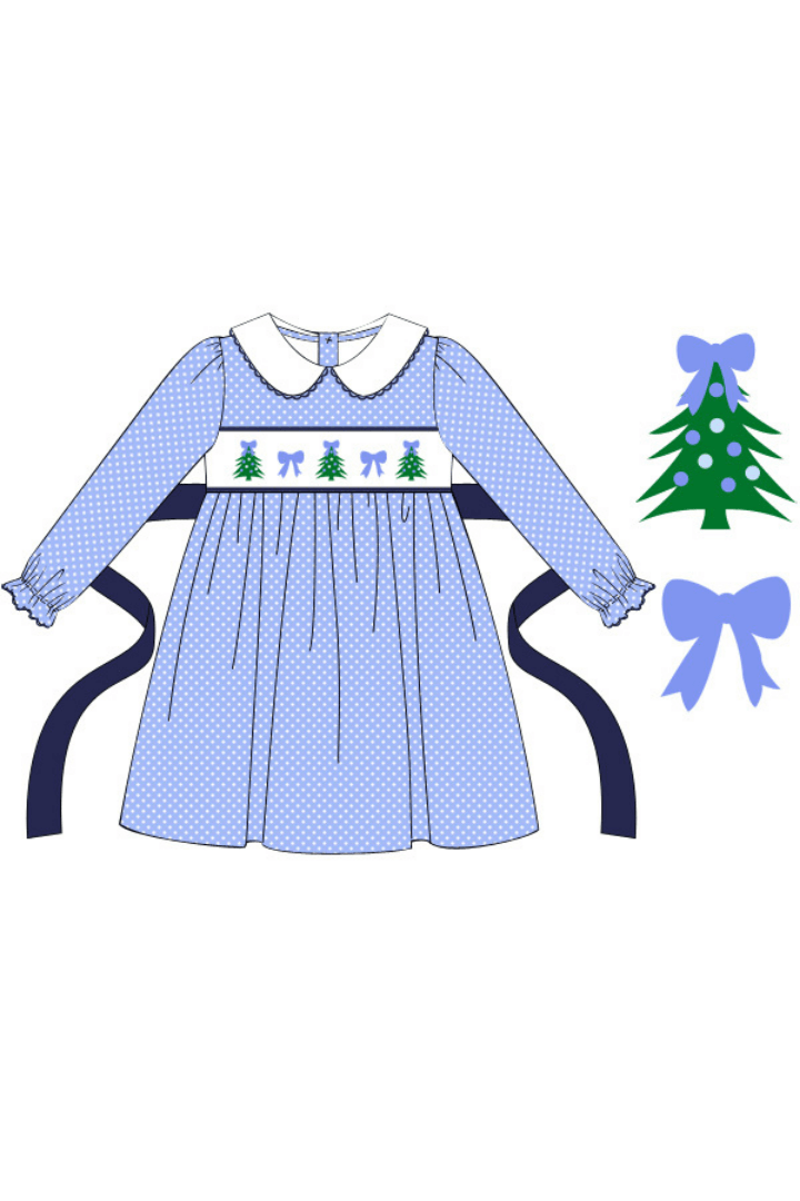The Smocked Flamingo Apparel & Accessories Pre-Order Smocked Christmas Tree Blue Polka Dot Bow Dress