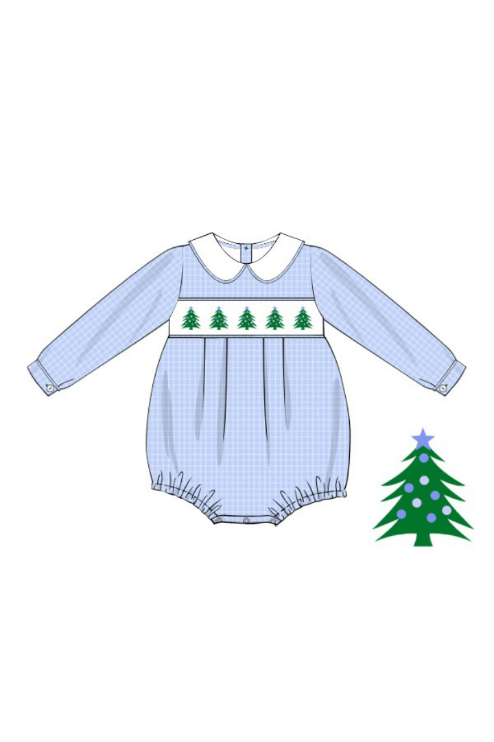 The Smocked Flamingo Apparel & Accessories Pre-Order Smocked Christmas Tree Blue Seersucker Bubble