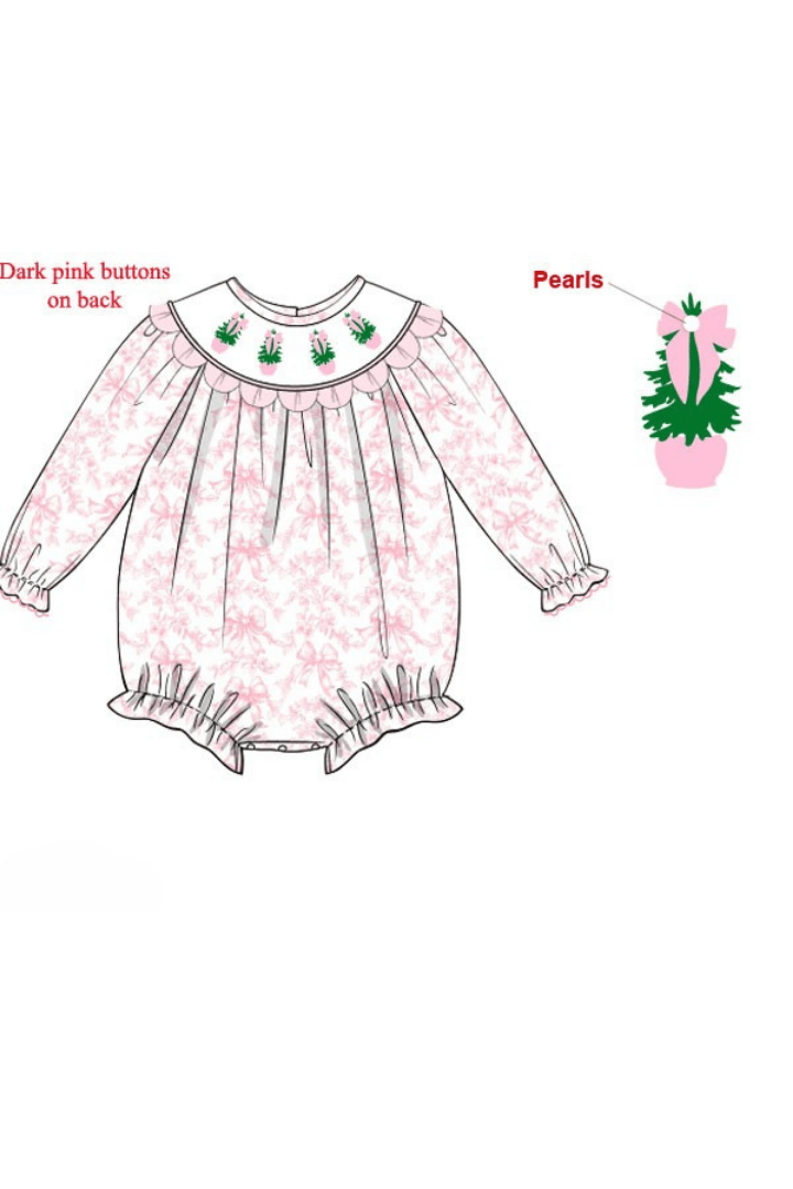 The Smocked Flamingo Apparel & Accessories Pre-Order Smocked Christmas Tree Pink Floral Scalloped Bubble