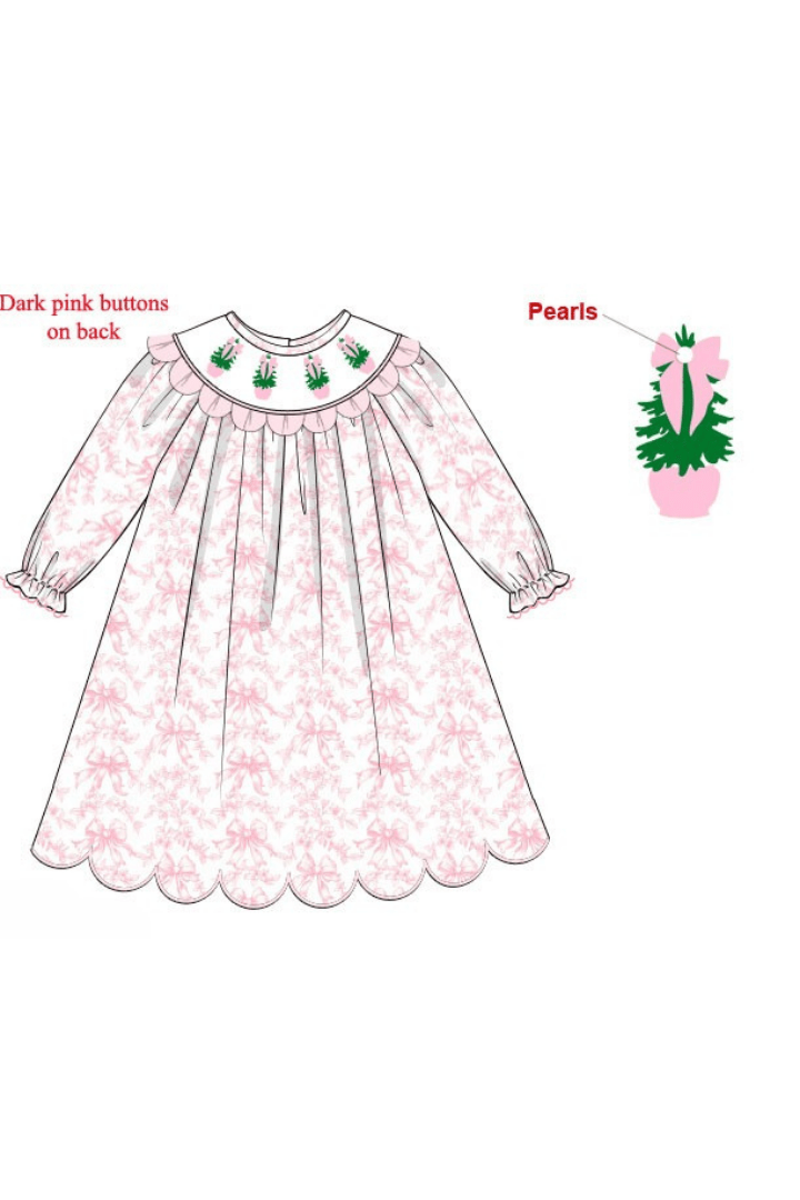 The Smocked Flamingo Apparel & Accessories Pre-Order Smocked Christmas Tree Pink Floral Scalloped Dress