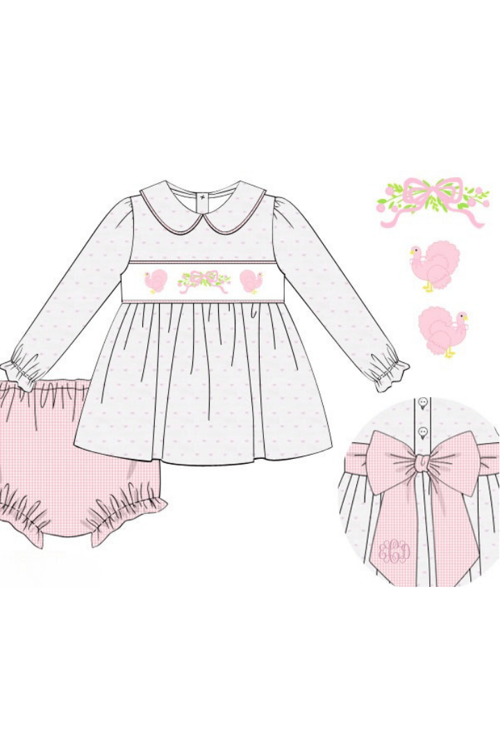 The Smocked Flamingo Apparel & Accessories Pre-Order Smocked Classic Turkey Pink Swiss Dot Bow Bloomer Set