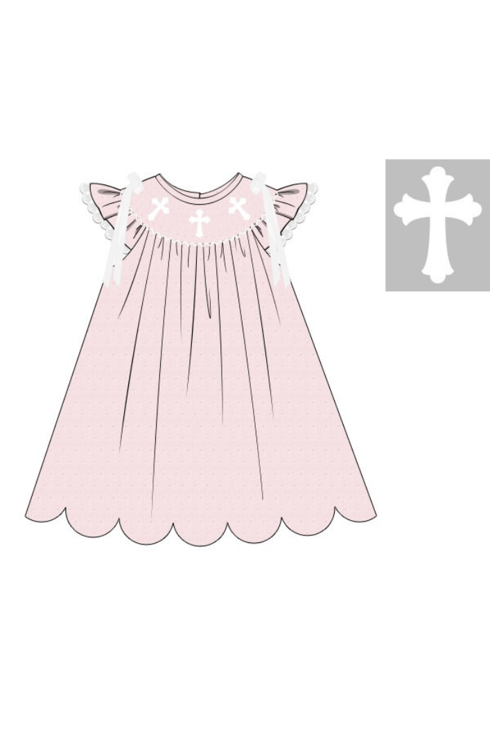 The Smocked Flamingo Apparel & Accessories Pre-Order Smocked Cross Pink Swiss Dot Bow Dress