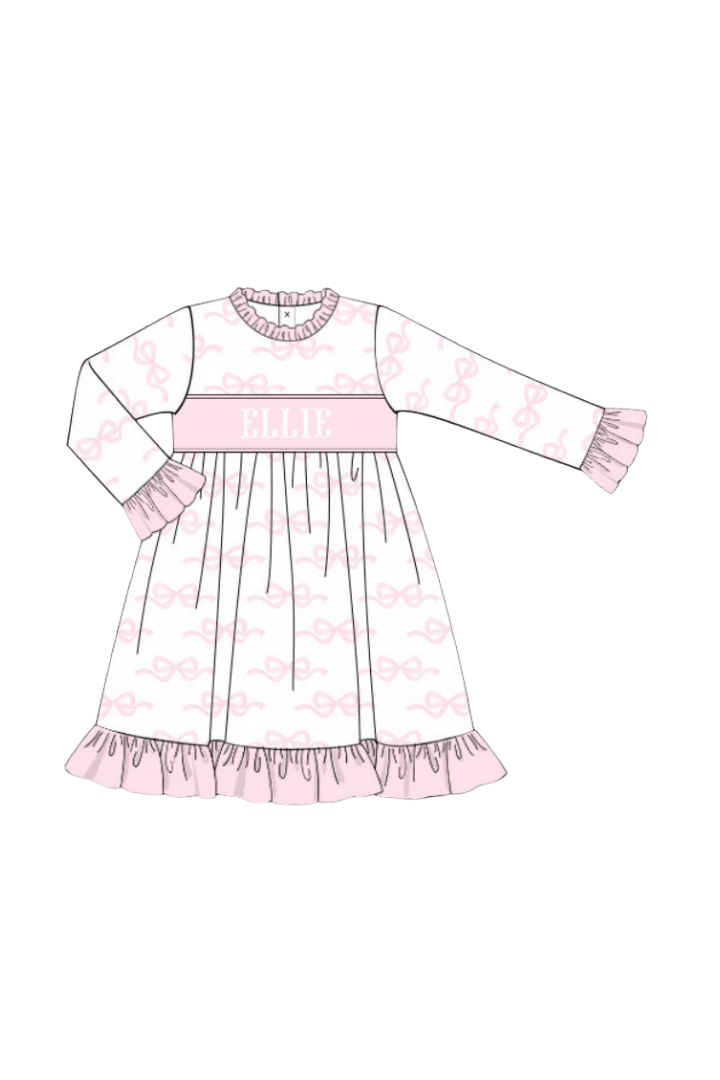 The Smocked Flamingo Apparel & Accessories Pre-Order Smocked Custom Name Pink Sweet Bow Christmas Trimmings