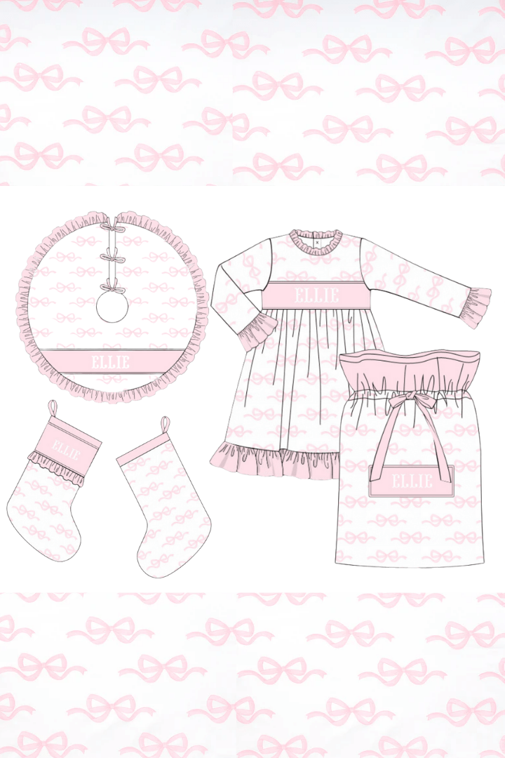 Pre-Order Smocked Custom Name Pink Sweet Bow Christmas Trimmings Gown / 2T