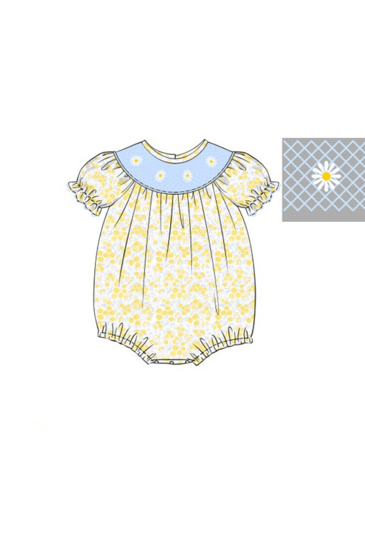 The Smocked Flamingo Apparel & Accessories Pre-Order Smocked Daisy Yellow and Blue Floral Bubble