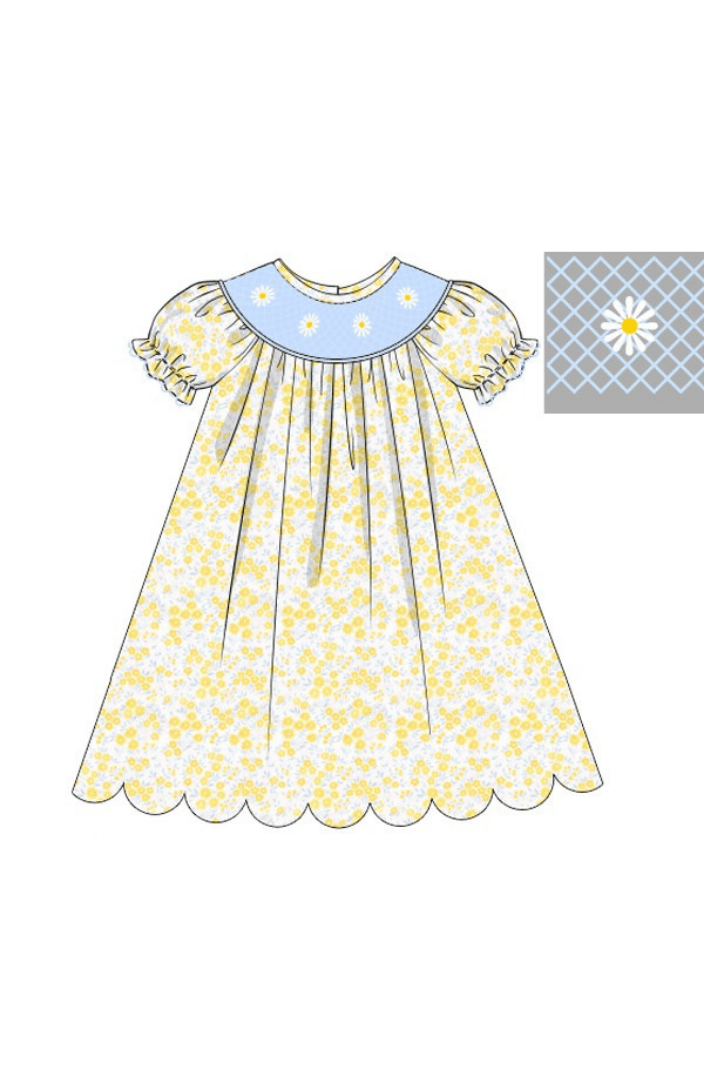 The Smocked Flamingo Apparel & Accessories Pre-Order Smocked Daisy Yellow and Blue Floral Dress