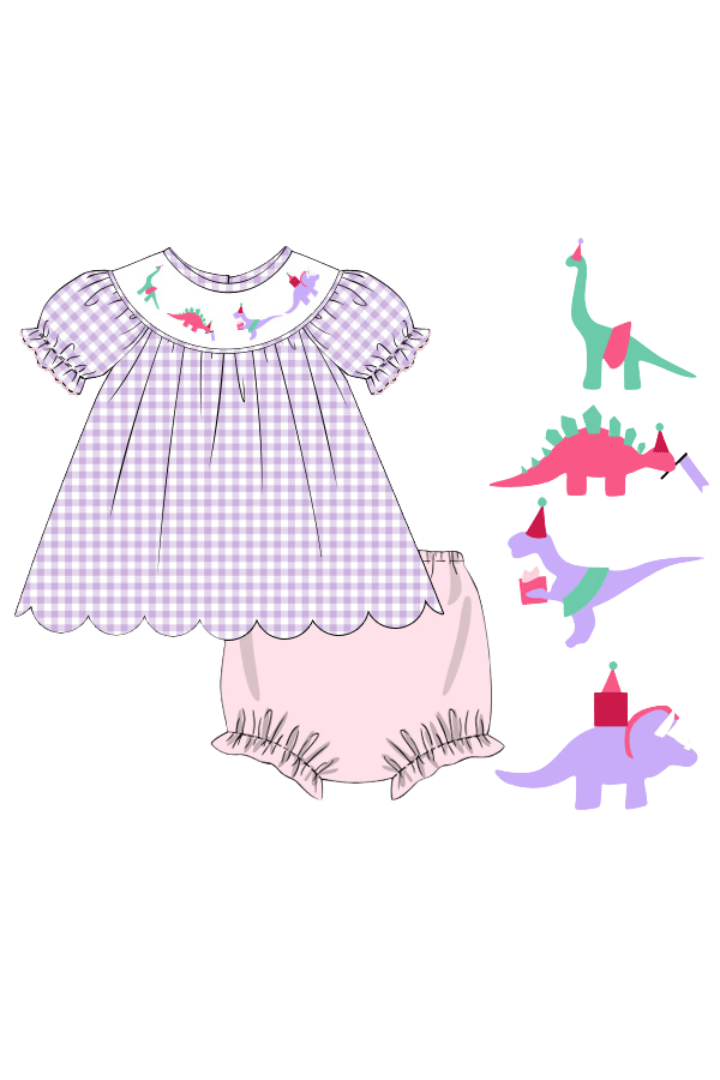 The Smocked Flamingo Apparel & Accessories Pre-Order Smocked Dino Party Lavender Gingham Bloomer Set