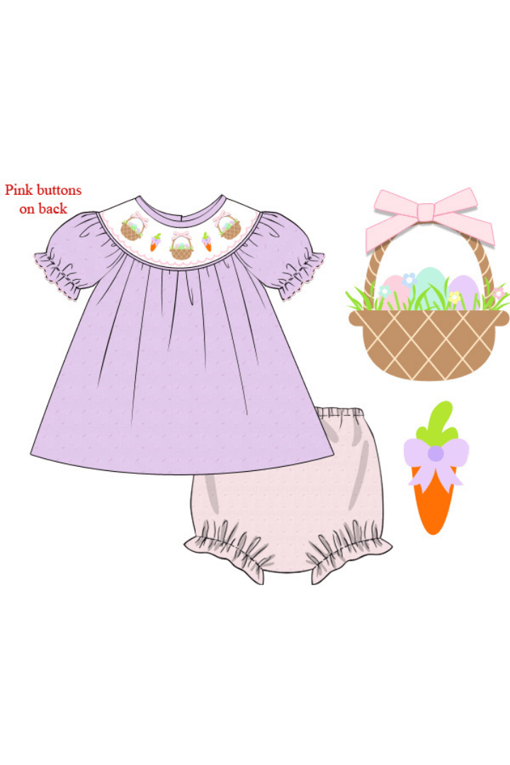 The Smocked Flamingo Apparel & Accessories Pre-Order Smocked Easter Bunny Basket Lavender Swiss Dot Bloomer Set