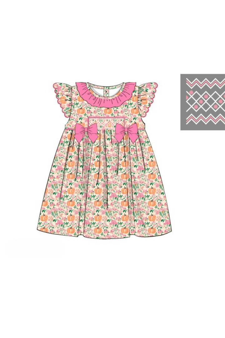 The Smocked Flamingo Apparel & Accessories Pre-Order Smocked Fancy Pumpkin Floral Bow Dress