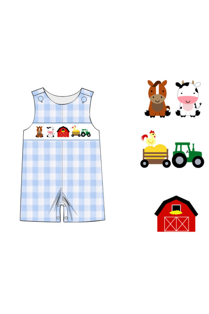 The Smocked Flamingo Apparel & Accessories Pre-Order Smocked Farm Fun Blue Gingham Jon Jon