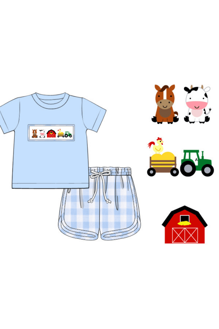 The Smocked Flamingo Apparel & Accessories Pre-Order Smocked Farm Fun Blue Gingham Short Set