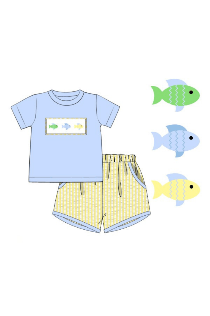 The Smocked Flamingo Apparel & Accessories Pre-Order Smocked Fish Blue/Yellow Seersucker Short Set