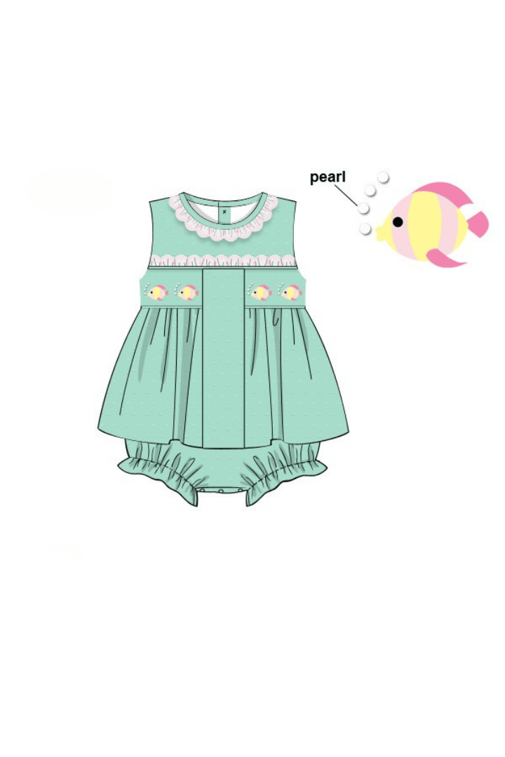 The Smocked Flamingo Apparel & Accessories Pre-Order Smocked Fish Mint Swiss Dot Skirted Bubble