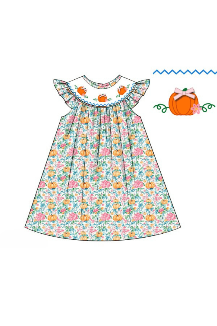 The Smocked Flamingo Apparel & Accessories Pre-Order Smocked Floral Pumpkin Bishop Dress