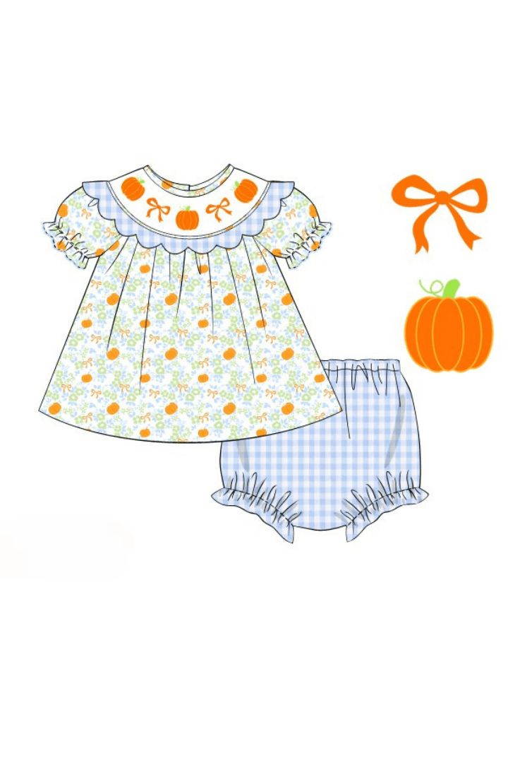 The Smocked Flamingo Apparel & Accessories Pre-Order Smocked Floral Pumpkin Bow Bloomer Set