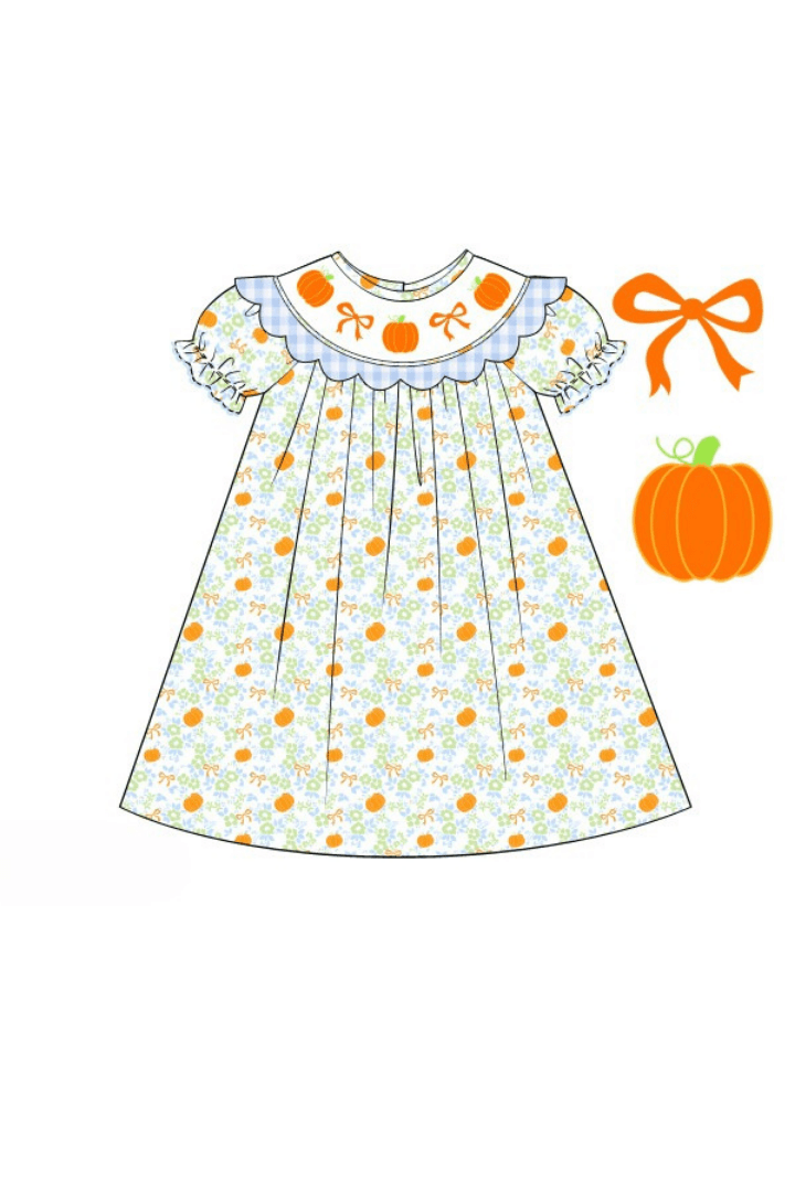 The Smocked Flamingo Apparel & Accessories Pre-Order Smocked Floral Pumpkin Bow Dress
