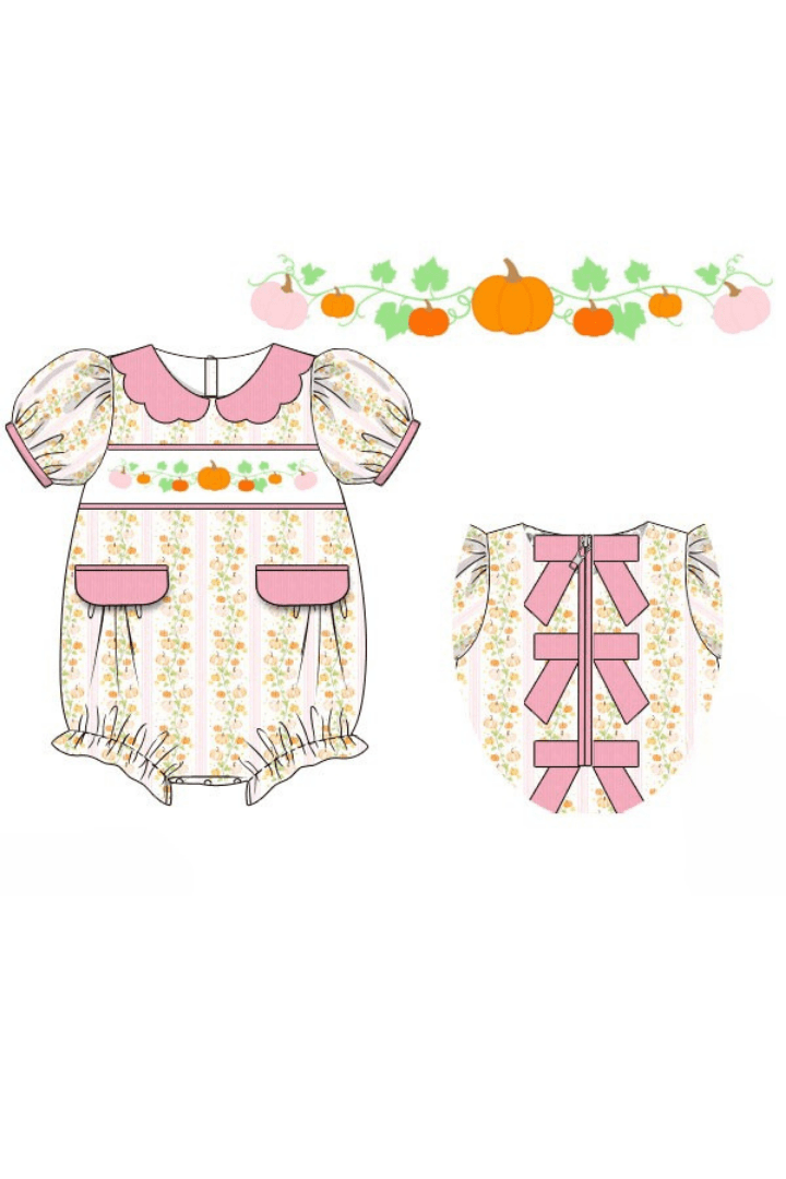 The Smocked Flamingo Apparel & Accessories Pre-Order Smocked Floral Pumpkins Pink Bow Bubble