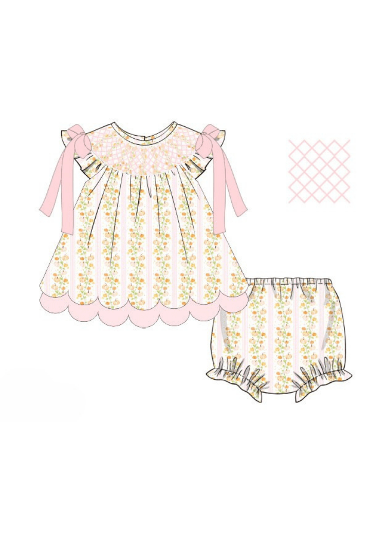 The Smocked Flamingo Apparel & Accessories Pre-Order Smocked Floral Pumpkins Scalloped Bloomer Set