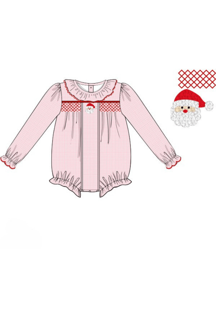The Smocked Flamingo Apparel & Accessories Pre-Order Smocked/French Knot Santa Pink Gingham Ruffle Bubble