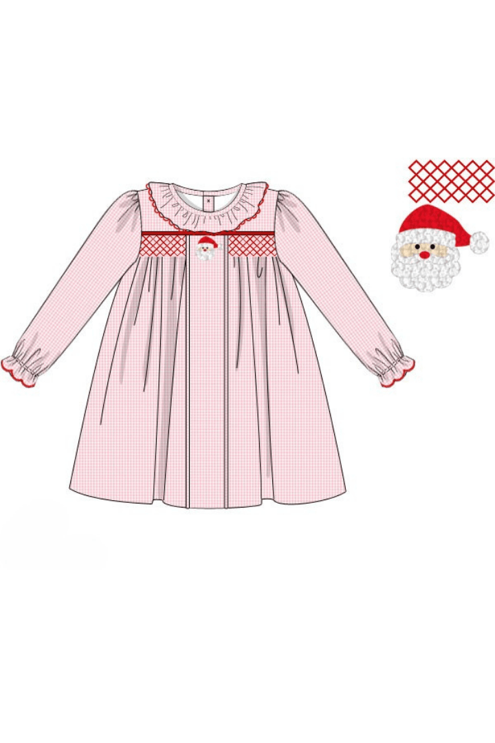 The Smocked Flamingo Apparel & Accessories Pre-Order Smocked/French Knot Santa Pink Gingham Ruffle Dress