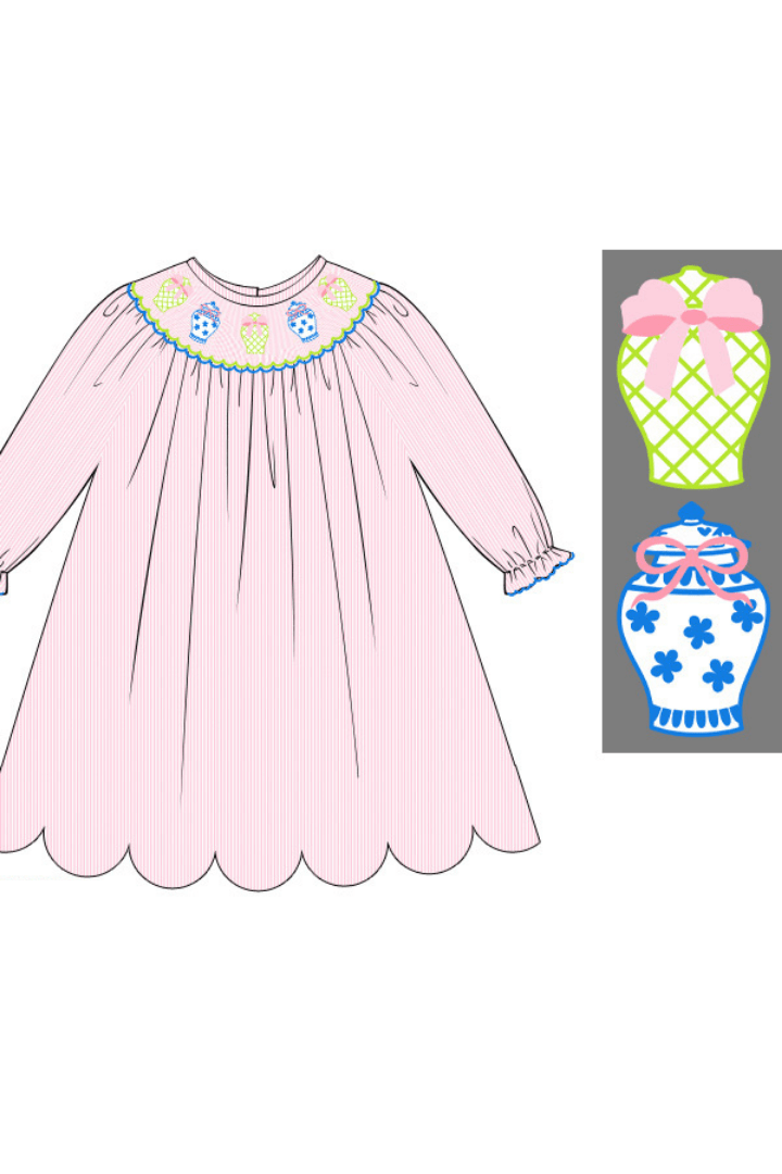 The Smocked Flamingo Apparel & Accessories Pre-Order Smocked Ginger Jar Pink Windowpane Long Sleeve Bishop Dress