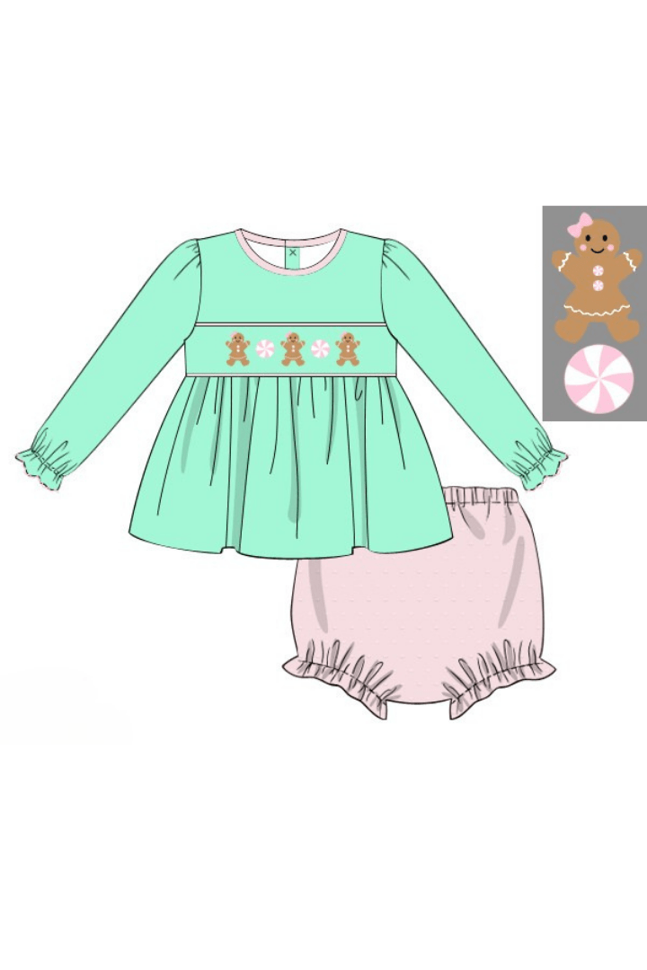 The Smocked Flamingo Apparel & Accessories Pre-Order Smocked Gingerbread Sweets Mint Bloomer Set