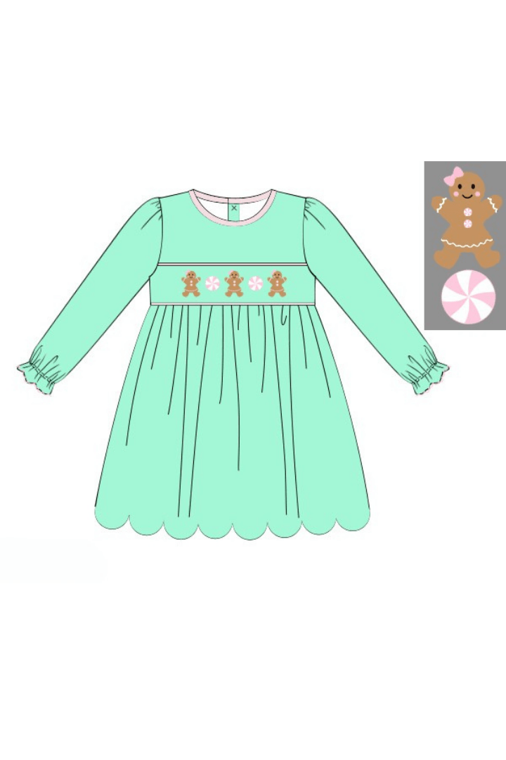 The Smocked Flamingo Apparel & Accessories Pre-Order Smocked Gingerbread Sweets Mint Scalloped Dress