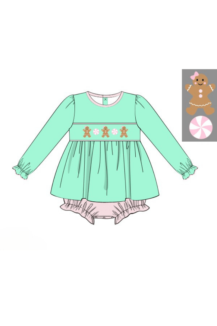 The Smocked Flamingo Apparel & Accessories Pre-Order Smocked Gingerbread Sweets Mint Skirted Bubble