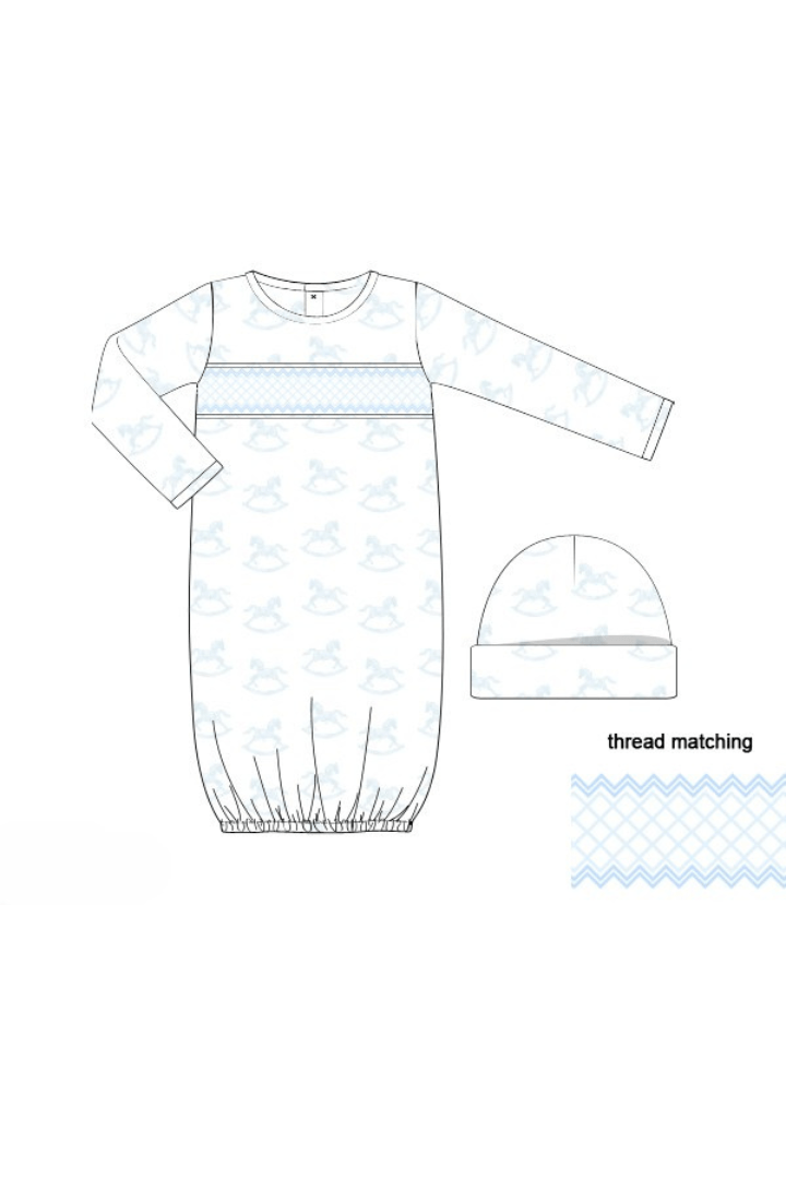 The Smocked Flamingo Apparel & Accessories Pre-Order Smocked Heirloom Blue Rocking Horse Layette Gown and Hat Set