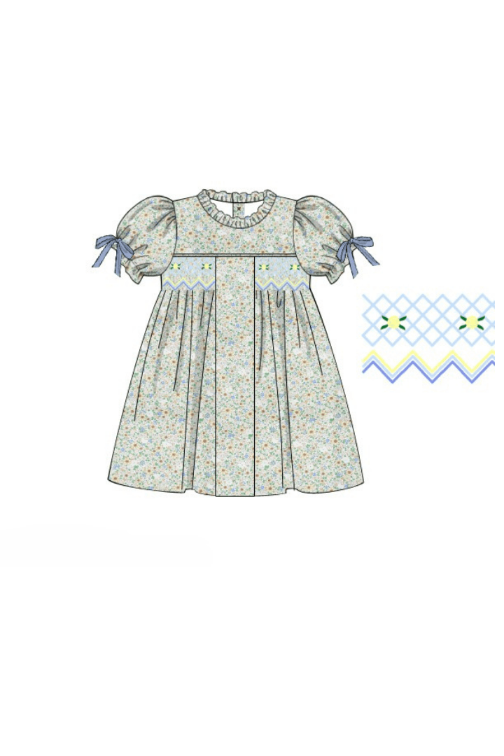 The Smocked Flamingo Apparel & Accessories Pre-Order Smocked Heirloom Blue Velvet Floral Dress