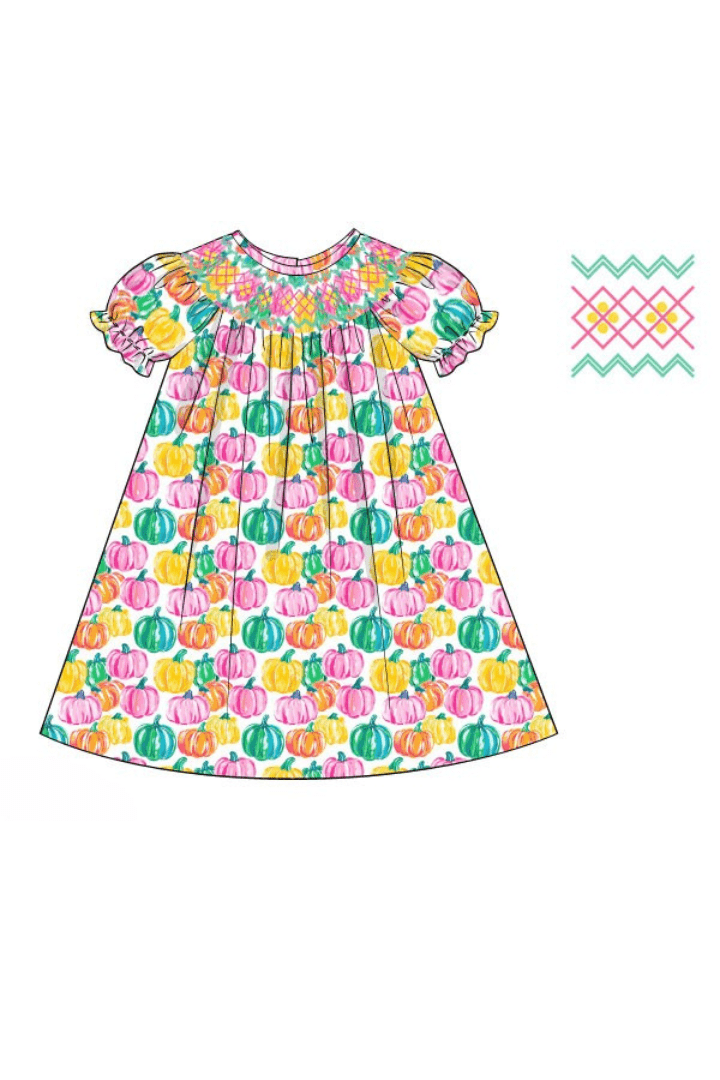 The Smocked Flamingo Apparel & Accessories Pre-Order Smocked Heirloom Colorful Pumpkins Dress