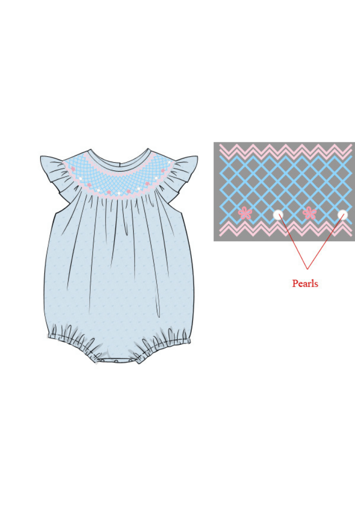 The Smocked Flamingo Apparel & Accessories Pre-Order Smocked Heirloom Pearl Blue Swiss Dot Bubble