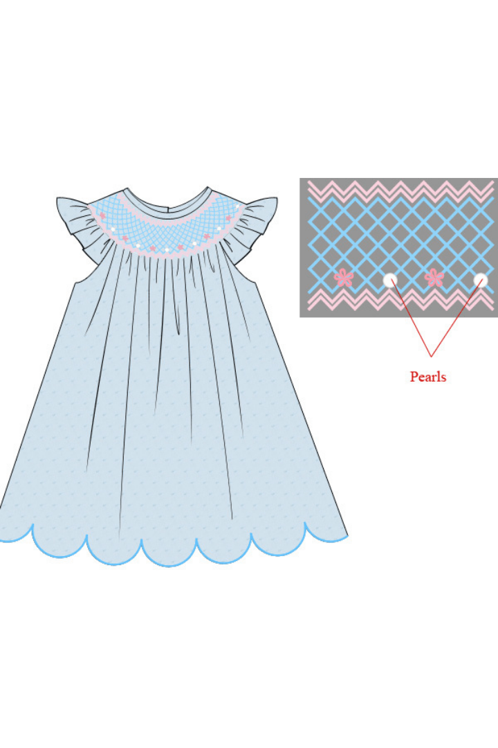 The Smocked Flamingo Apparel & Accessories Pre-Order Smocked Heirloom Pearl Blue Swiss Dot Dress